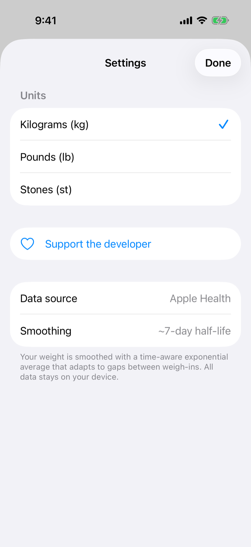Settings showing unit options and that data stays on device