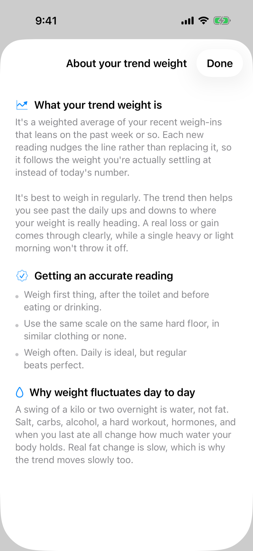 The in-app explainer describing what trend weight means